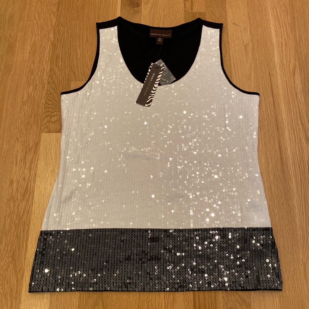 Dana Buchman Womens Sequined White Gray Tank Top w Black / NWT/Size M